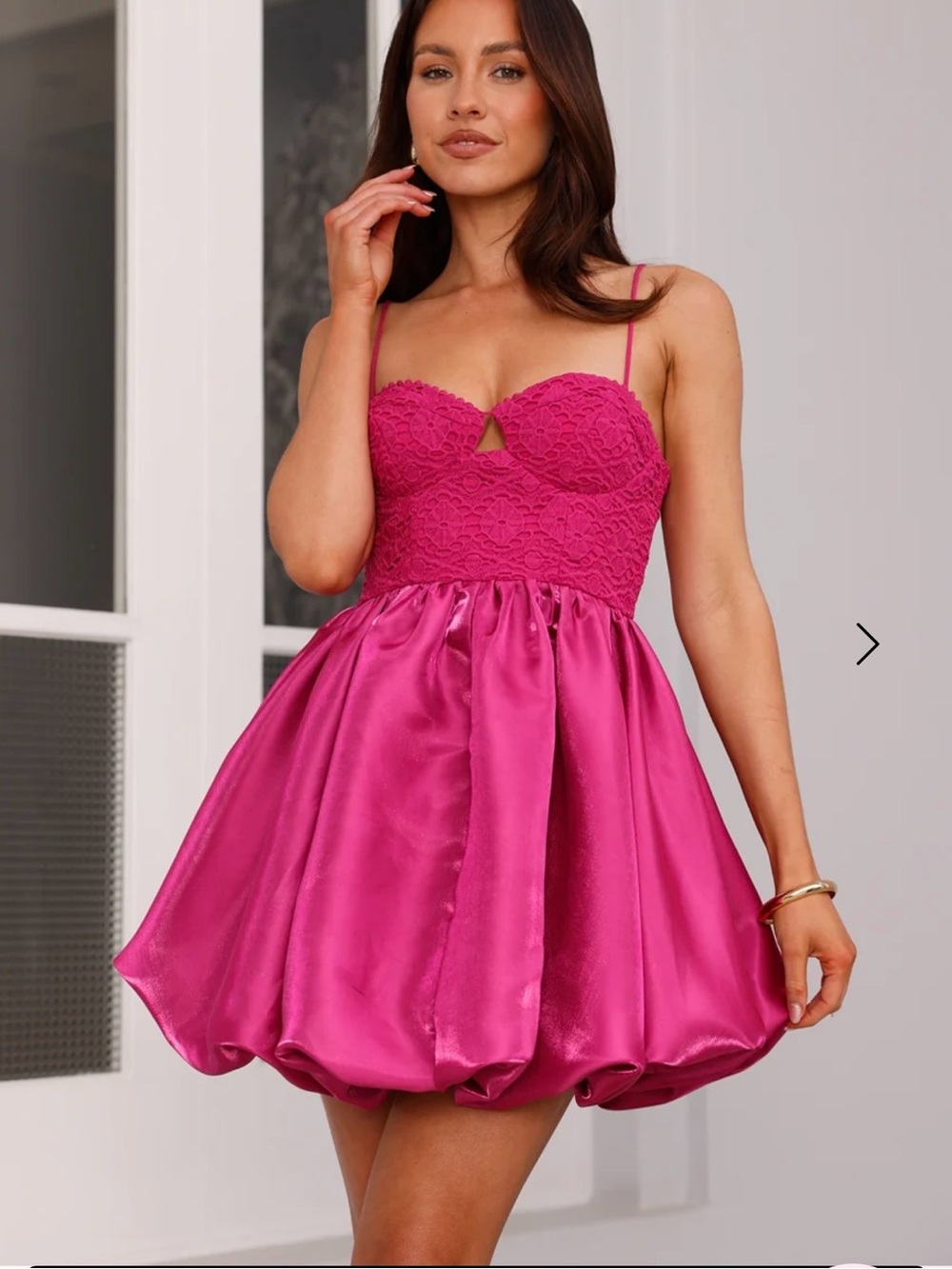 Hello Molly Hot Pink Lace Bust Satin Bubble Hem Mini Dress
